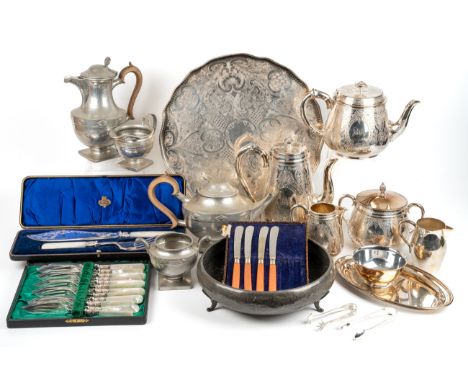 A Victorian silver-plated four-piece tea and coffee set, comprising coffee pot, tea pot, milk jug and twin-handled sucrier, c