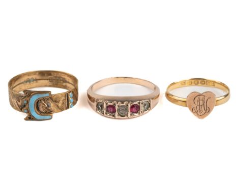 An 18ct yellow gold ring, applied with a monogramed rose gold heart, ring size M1/2, total gross weight approx 1.9g; together