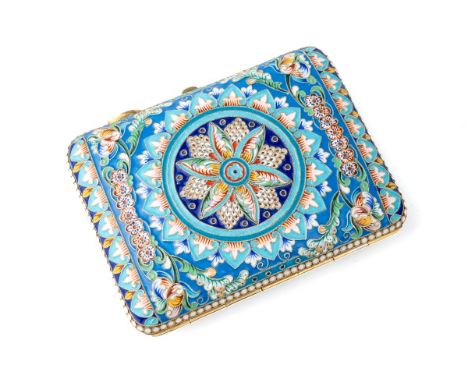 An early 20th century Russian silver-gilt and cloisonné enamel cigarette case, rounded rectangular form, the hinged cover and