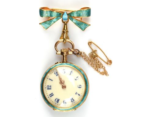 Antique French ladies blue and gold enamel fob watch, with original matching bow brooch fitting, with white dial and Arabic n