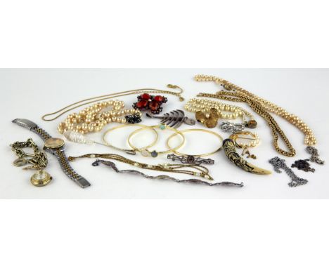 A group of costume jewellery and three bangles in silver gilt, including one set with rose cut labradorite, quartz and prehni