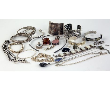 Silver jewellery, including a wide cuff bangle, an elephant cuff bangle, four bangles, three torque bangles, three bracelets,