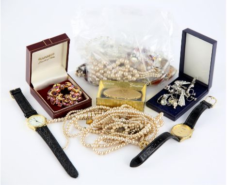 Costume jewellery and two wristwatches, including five faux pearl necklaces, a mother of pearl freeform necklace, a chandelie