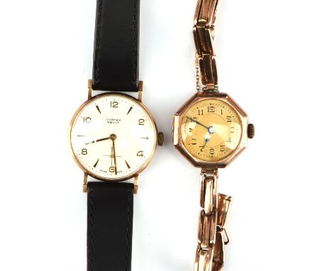 Gold hexagonal case wristwatch, the unsigned dial with Arabic numeral hour markers within a railway minute track, fitted with