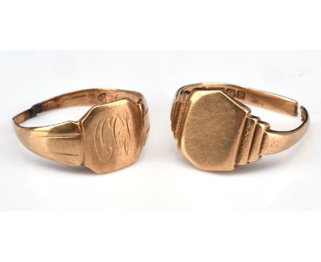 Two signet rings, one with monogram and the other with stepped shoulders, both hallmarked 9 ct Condition Report:  9 ct gross 
