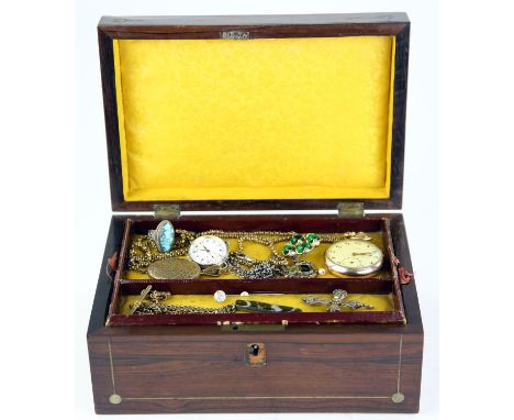 Wooden jewellery box containing costume jewellery, including a peridot, garnet and pearl pendant hallmarked silver Sheffield 