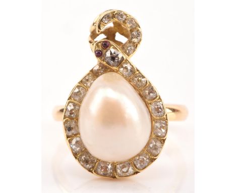 Natural saltwater pearl snake ring, centrally set certified natural pearl within a coiled snake, set with twenty two mixed ol