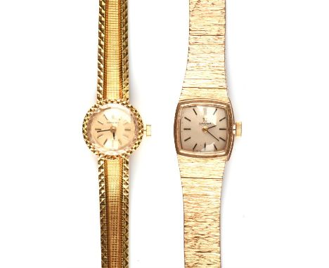 Longines a ladies gold wristwatch the signed circular dial with baton hour markers, fitted with a calibre 320 manual wind mov