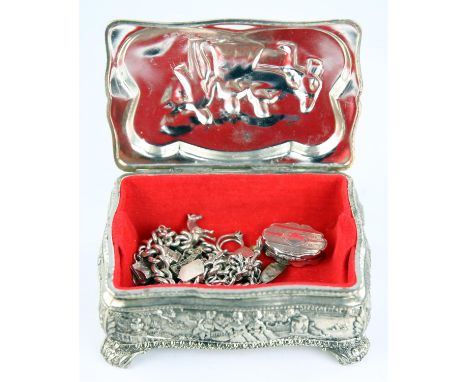 Silver plated trinket box and silver charm necklace with 15 charms including a key, a genie in a lamp, a horse, a baby in a b