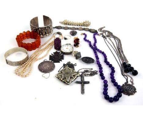 Silver costume jewellery, including an amethyst beaded necklace, measuring 55cm long with spring clip clasp, a silver ruby ca