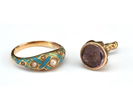 Antique pale blue enamel and split pearl ring, testing as 14 ct,  ring size K and a gilt metal fob with amethyst plaque, with