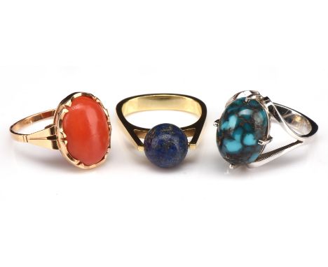 Three modern rings, including a Lapis lazuli ball ring, stamped 14 ct, ring size I, a turquoise cabochon ring, with split sho