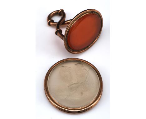 Georgian fob, set with a bloodstone fob, and a chalcedony intaglio, both in tested 9 ctCondition Report:  Gross weight 14.4 g