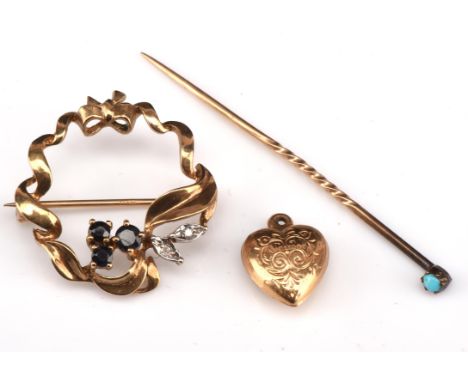 Mixed group of items including a sapphire and diamond bow brooch, measuring 25mm in diameter, with roll top catch, a turquois