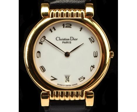 Christian Dior A Gold plated wristwatch, the signed white dial with Arabic numeral hour markers and date at 6, fitted with a 