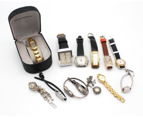 Eleven watches, and star sign pendants, including an Emporio Armani watch with yellow metal bracelet and a rectangular silver