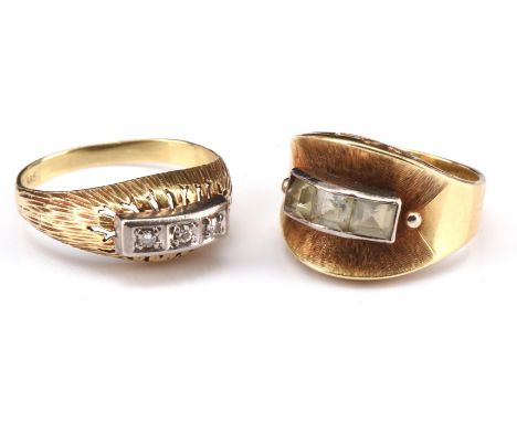 Two modernist rings, including a three stone brilliant cut diamond ring, with textured openwork shank, stamped 14 ct with mak