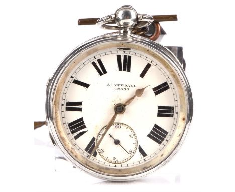 Silver open face pocket watch, with signed dial A. Yewdall Leeds, white enamel dial with Roman numeral hour markers, set with