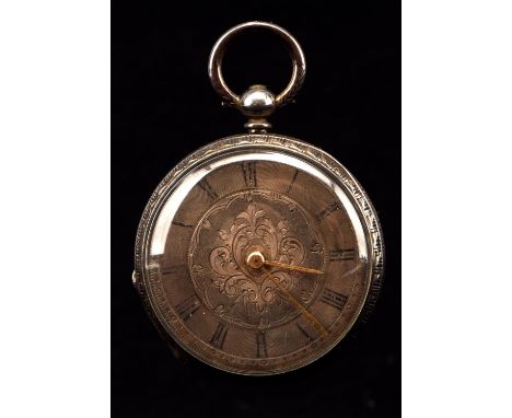 Victorian silver open face pocket watch, the dial with Roman numeral surmounting a foliate reserve, fitted with a Baume key w