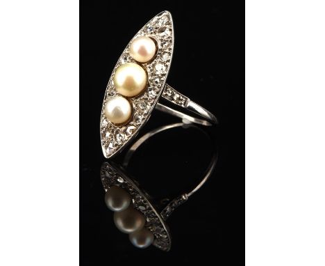 French marquise ring, set with rose cut diamonds and three graduated pearls largest 6mm, with estimated total diamond weight 