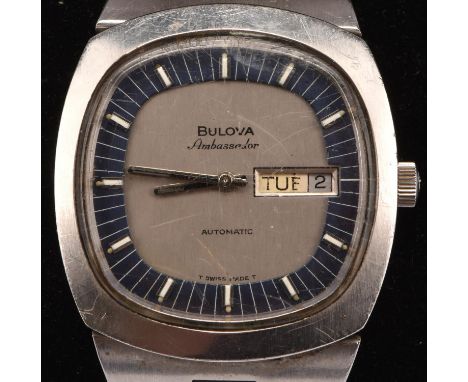 Bulova A stainless steel Ambassador wristwatch, the signed dial with baton hour markers, set within a blue minute track, day 