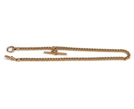 Albert chain, with T bar with swivel clasp and bolt ring fastenings, curb link chain each hallmarked 18 ct yellow gold, measu