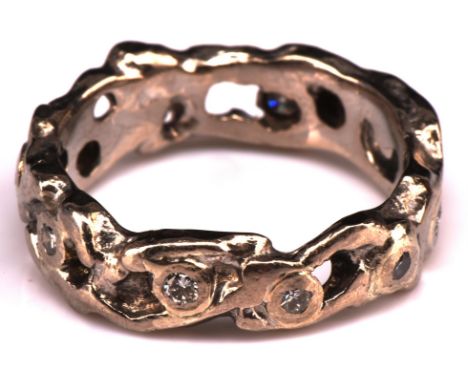 Jane Watling handmade diamond ring, set with round cut diamonds in open work design of white gold, hallmarked 18 ct London 20