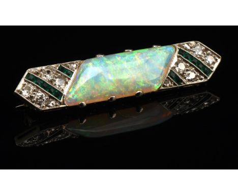 Art Deco opal, diamond and emerald brooch, set with old cut diamonds and step cut emeralds with an opal measuring 7x22mm, sta
