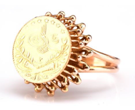 Turkish 25 Kurush, Ottoman Empire, Coin ring, 14.9mm in diameter set on an open galleried setting, ring size O, stamped 14 ct