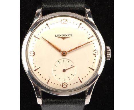 Longines a Gentleman's stainless steel wristwatch, the signed dial with dagger and Arabic numeral hour markers, subsidiary se