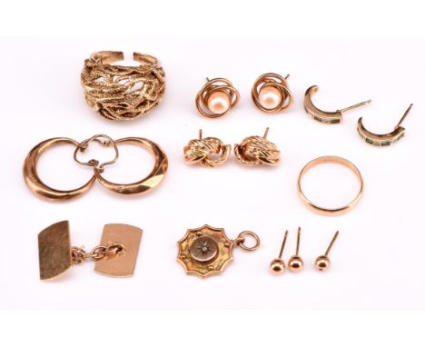 A group of earrings and other items, including a pair of half hoop emerald and diamond earrings with post fitting, a pair of 