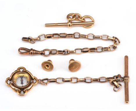 Albert chain, with oval shaped links, t-bar clasp to tested as 9 ct, a swivel fob stamped 9 ct  and compass fob to tested as 