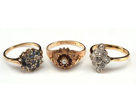 Three rings, including a diamond ring set with round old cut diamonds in a milgrain setting, total estimated diamond weight 0