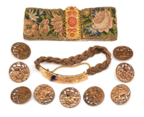 Victorian hairwork bracelet, with blue enamel detail and scroll engraving to the bangle, tested as 15 ct yellow gold, with co
