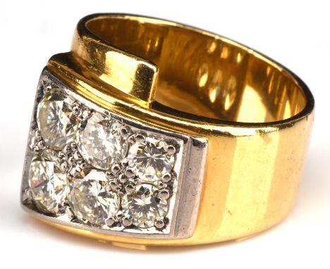Contemporary asymmetric diamond ring, set with six graduating round brilliant diamonds, estimated total diamond weight 1.64 c