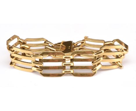 French gate bracelet, stylized flat gate links with oval ink connectors, with concealed clasp and safety chain, bearing Frenc