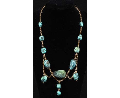 Edwardian turquoise festoon choker necklace, set with freeform turquoise stones on a belcher chain, 36cm long with trombone c