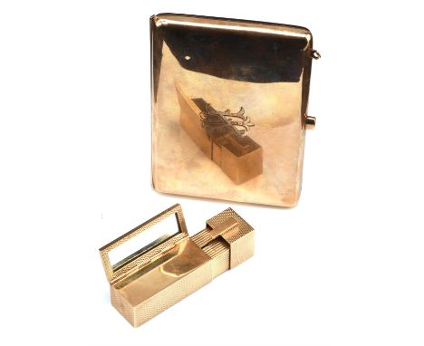 Gold purse with stamp and pencil lined insert 54x15mm, hallmarked 1954, in 9 ct and an engine turned lipstick holder and mirr