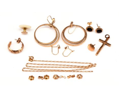 A group of gold items, including a pair of hoop pendant earrings, with hoop fittings tested as 9 ct, onyx earrings with post 