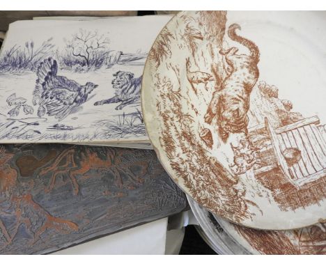 Royal Cauldon and BWM & Co part dinner service, brown transfer pattern with animals and chickens, designed by JH Wilkinson, t