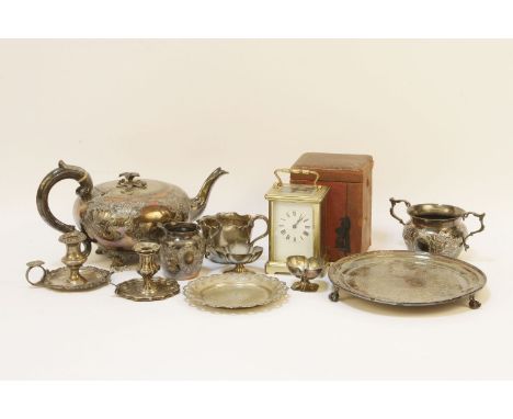 A brass carriage clock, and various silver plated items