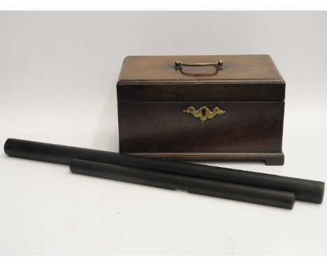 A Georgian mahogany tea caddy, a Georgian pocket compass, and two ebony rules