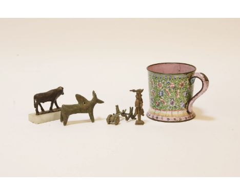 Various funereal metal ornaments and enamel tankard(?)