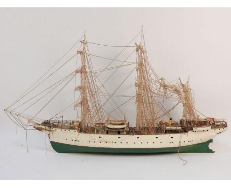 A scratch built model of the HMS Danmark,  early 20th century, cream and green painted hull, three masts and rigging