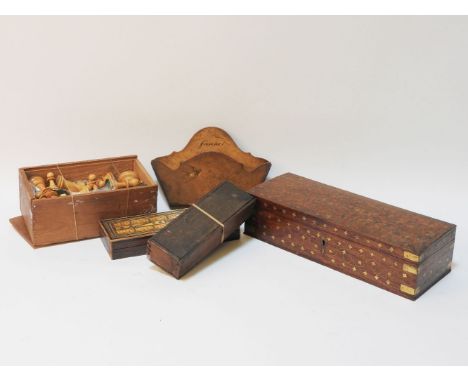 An inlaid brass box, cribbage box, chess set, knife, corkscrew, etc