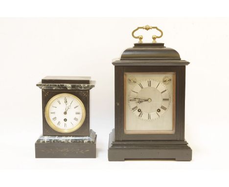 An Edwardian bracket clock, with silvered dial, and another slate marble mantel clock (2)