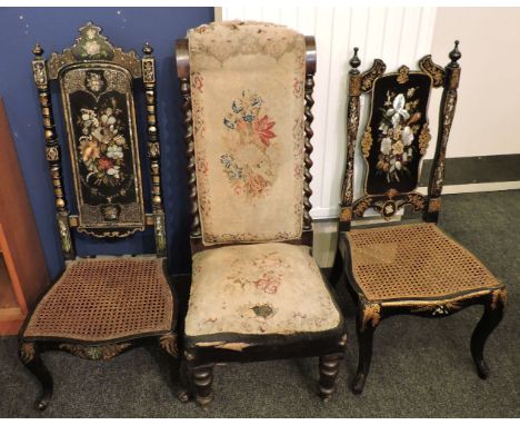 Two Victorian paper mache and mother-of-pearl inlaid chairs, and a prie dieu chair, and four Hepplewhite style Prince of Wale