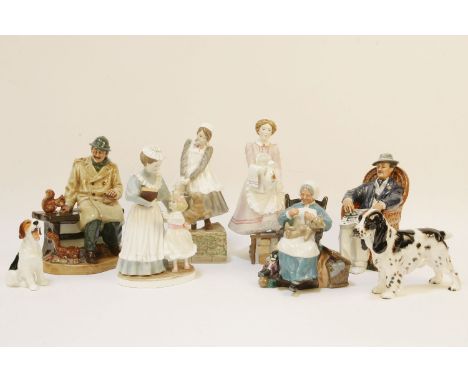A Royal Doulton model of a Spaniel, one other of a seated hound, and a collection of Doulton and Worcester figures (8)
