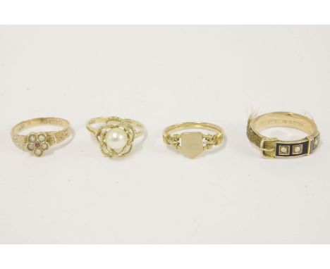 A 9ct gold signet ring, with vacant shield to centre, a Victorian 9ct gold ruby and split pearl cluster ring, set to engraved