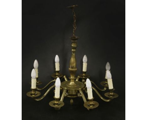 A brass eight-branch electrolier,with a gadrooned column and scrolling branches with a drop finial,68cm diameter